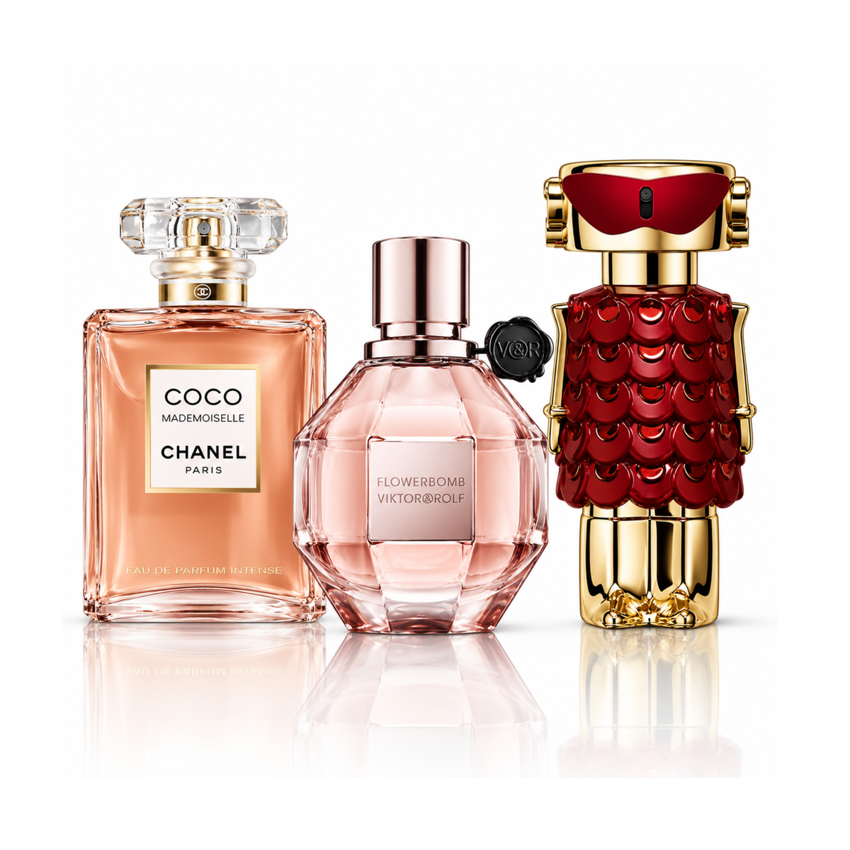 Σετ 3 αρωμάτων | Coco Mademoiselle Chanel Eau de Parfum – 100 ml | Flowerbomb Viktor&Rolf Eau de Parfum – 100 ml | Fame In Love Rabanne Parfum Elixir – 80 ml